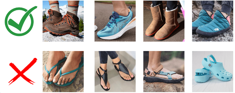 A guide to the suggested footwear to be wearing onboard the ship.